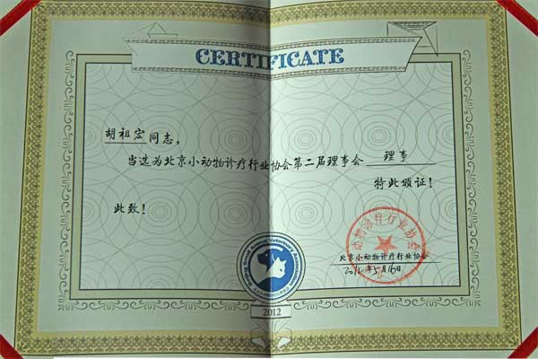 北京小動物診療協(xié)會理事證書